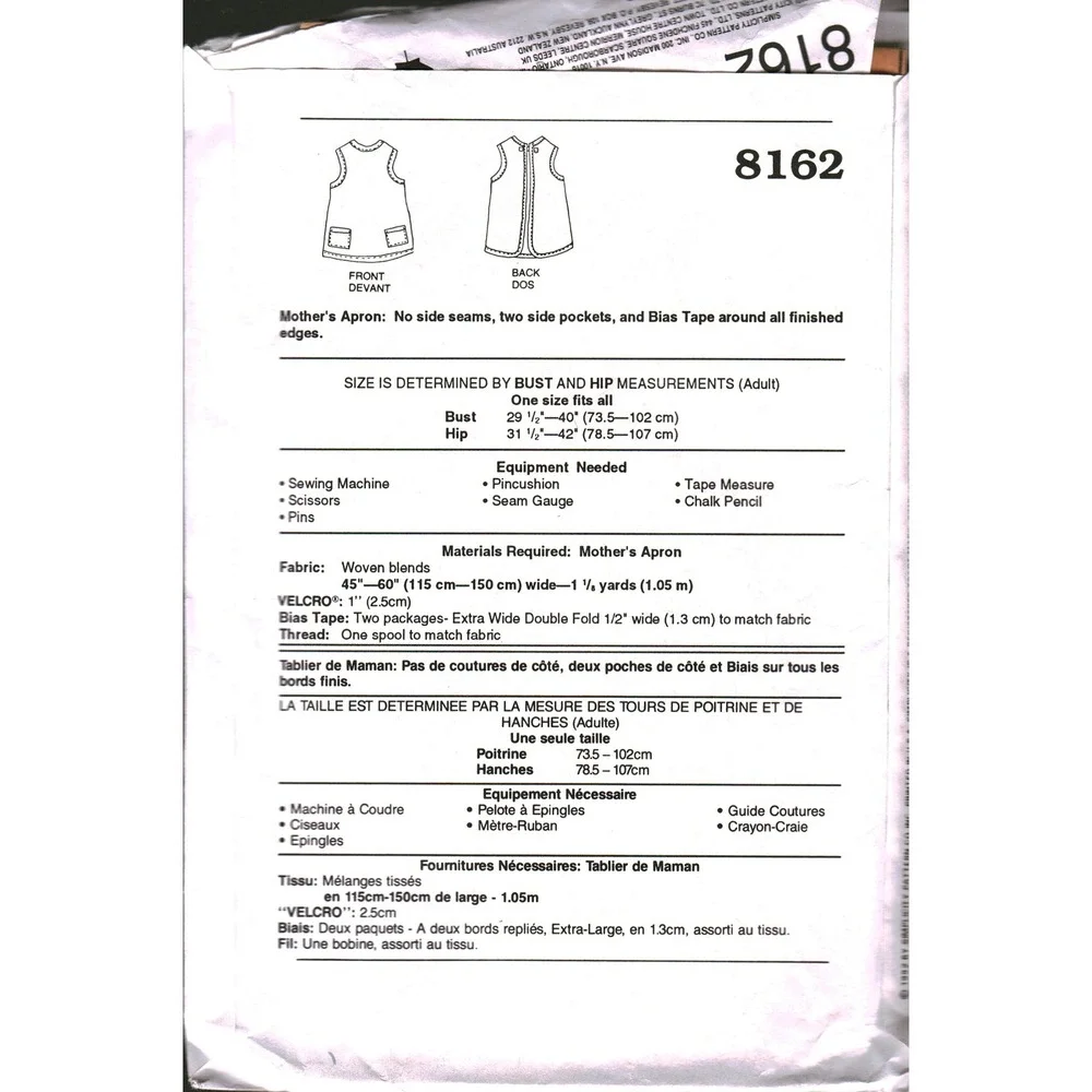 Simplicity 8162 Sewing Pattern Mothers Apron One Size Kid Can Sew Carolyn Curtis